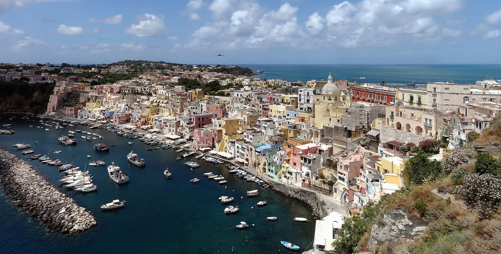 Veduta dall'alto della Marina Corricella a Procida, con le case color pastello affacciate sul porticciolo, le barche ormeggiate e il mare aperto all'orizzonte
